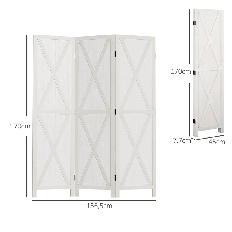 Biombo de 3 Paineis Separador de Ambientes Dobrável 136,5x170cm Divisória para Espaços de Madeira Decoração Elegante para Dormitório Sala de Estar Branco