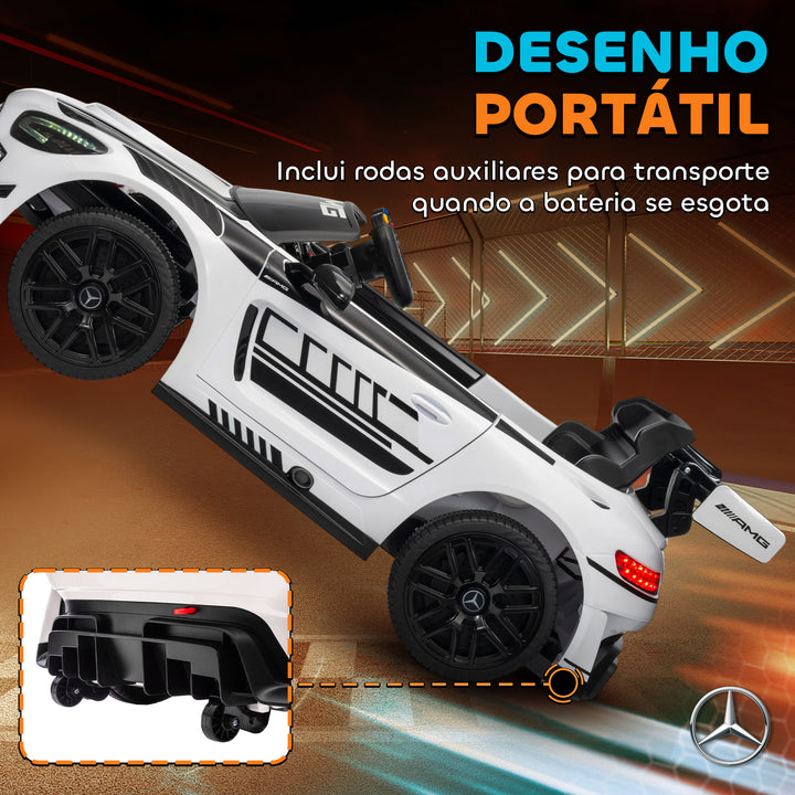 Carro Elétrico para Crianças Mercedes-AMG GT3 Evo Carro de Bateria 12V com Controlo Remoto 2,4G Motor Duplo Rodas Auxiliares Alça de Transporte Música Faróis 115x66x44 cm Branco