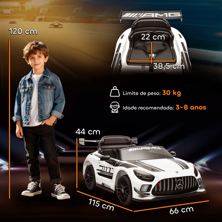 Carro Elétrico para Crianças Mercedes-AMG GT3 Evo Carro de Bateria 12V com Controlo Remoto 2,4G Motor Duplo Rodas Auxiliares Alça de Transporte Música Faróis 115x66x44 cm Branco