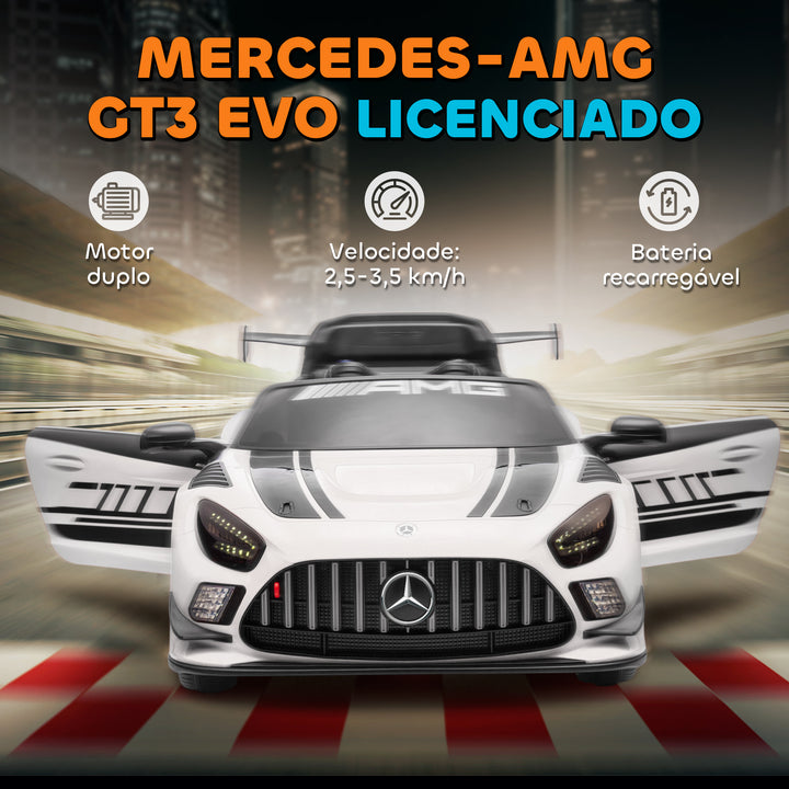 Carro Elétrico para Crianças Mercedes-AMG GT3 Evo Carro de Bateria 12V com Controlo Remoto 2,4G Motor Duplo Rodas Auxiliares Alça de Transporte Música Faróis 115x66x44 cm Branco