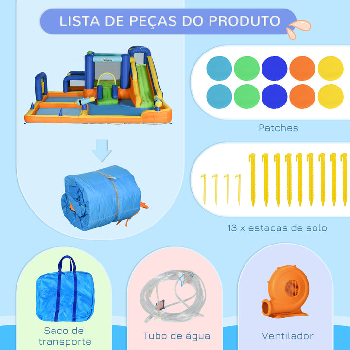Castelo Insuflável Infantil 7 em 1 Castelo Insuflável para Crianças com Escorrega Piscina Parede de Escalada Insuflador e Bolsa de Transporte 430x420x200 cm Multicolorido