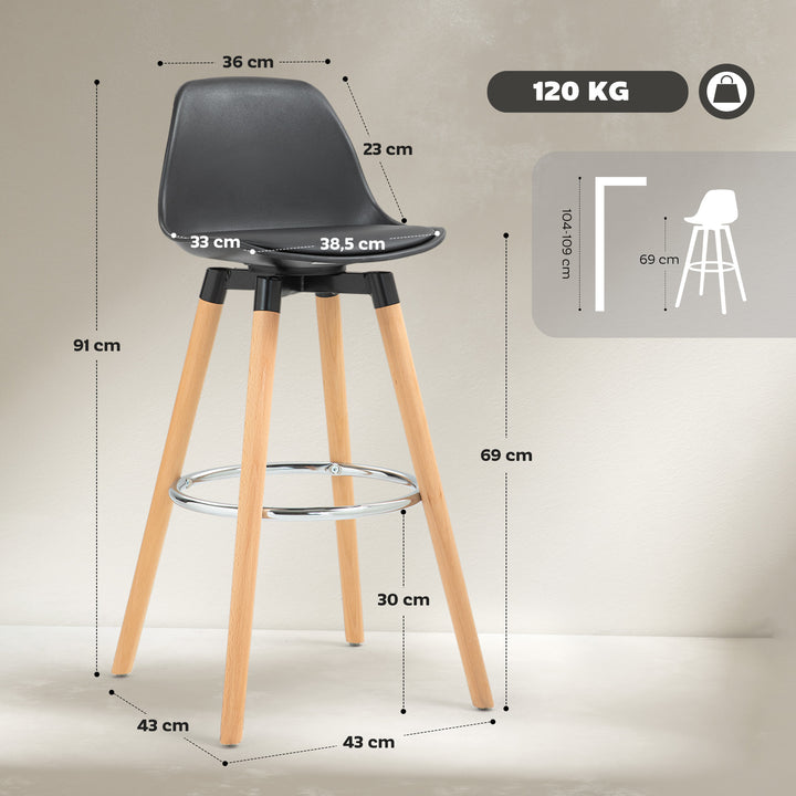 Conjunto de 2 Bancos de Bar Estofado em PU Bancos Altos de Cozinha com Assento de 69 cm e Pés de Madeira para Cozinha Sala de Jantar 38,5x42,5x91 cm Preto