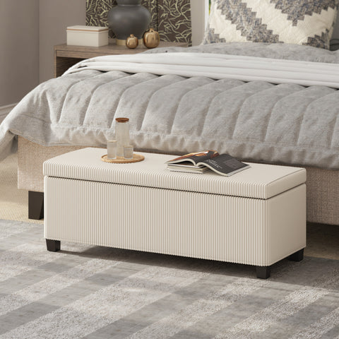 Banco de Arrumação Banco com Armazenamento Capacidade de 84 L 112x42x40 cm Estofado em Veludo Banco Pé de Cama para Dormitório Bege