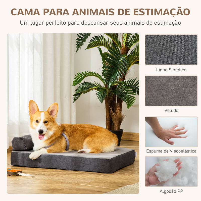 Cama para Cães Lavável Ortopédica com Almofada e Capa Removível Almofada para Cães de Pelúcia e Espuma Viscoelástica 75x55x20cm Cinza