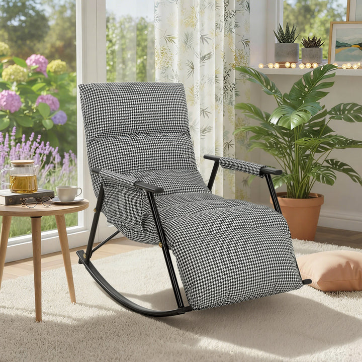Poltrona Baloiço com Encosto e Apoia-Pés Ajustáveis Poltrona Baloiço 105° Estofada em Linho com Bolso Lateral e Estrutura de Metal Suporta 120 kg para Quarto Sala Preto e Branco