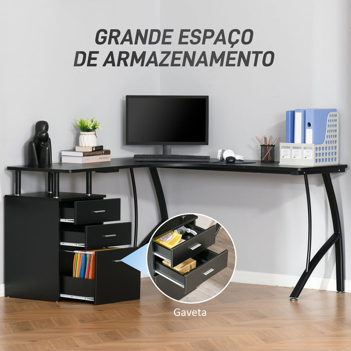Secretária de Canto para Computador Mesa em Formato de L com 3 Gavetas Mesa Moderna para Escritório 143,5x143,5x76cm Preto