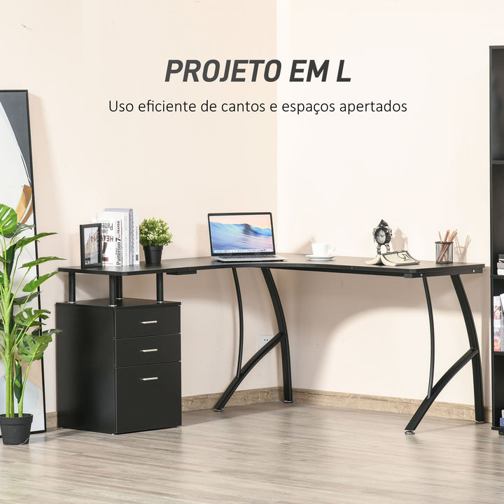 Secretária de Canto para Computador Mesa em Formato de L com 3 Gavetas Mesa Moderna para Escritório 143,5x143,5x76cm Preto