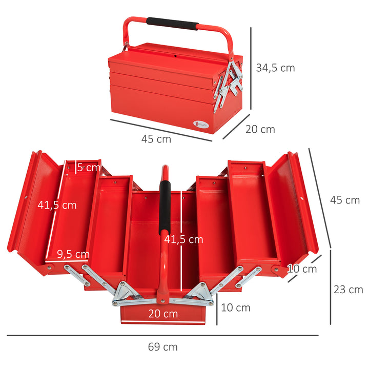 Caixa de ferramentas dobrável de aço com 5 compartimentos com alça 45x22,5x34,5 cm Vermelho