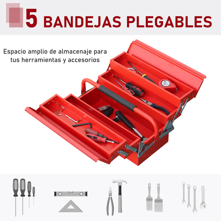 Caixa de ferramentas dobrável de aço com 5 compartimentos com alça 45x22,5x34,5 cm Vermelho