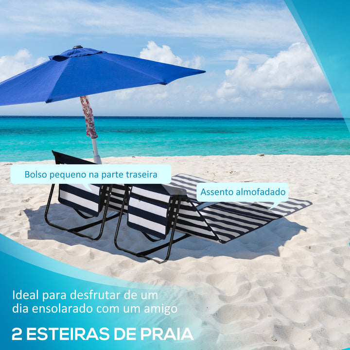 Conjunto de 2 Esteiras de Praia Dobrável Esteiras Acolchoadas com Encosto Reclinável e Bolsa de Transporte para Jardim Campismo 142x51x40 cm Branco e Azul
