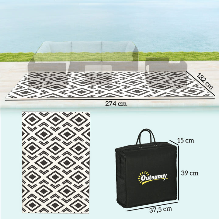 Tapete de Exterior 182x274 cm Tapete Reversível com Padrão Geométrico Impermeável Bolsa de Transporte para Varanda Pátio Campismo Praia Branco e Preto