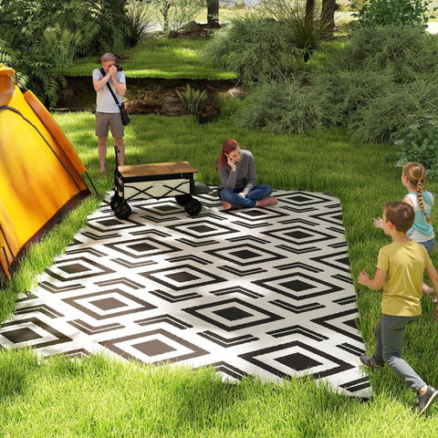 Tapete de Exterior 182x274 cm Tapete Reversível com Padrão Geométrico Impermeável Bolsa de Transporte para Varanda Pátio Campismo Praia Branco e Preto