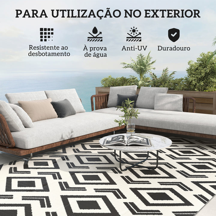 Tapete de Exterior 182x274 cm Tapete Reversível com Padrão Geométrico Impermeável Bolsa de Transporte para Varanda Pátio Campismo Praia Branco e Preto