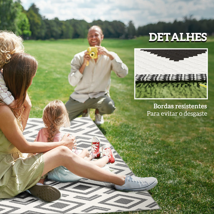 Tapete de Exterior 182x274 cm Tapete Reversível com Padrão Geométrico Impermeável Bolsa de Transporte para Varanda Pátio Campismo Praia Branco e Preto