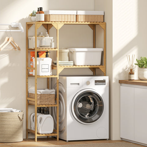Estante para Máquina de Lavar em Bambu Móvel para Máquina de Lavar ou Sanita com Prateleiras Reversíveis e Ajustáveis Poupa Espaço Para Lavandaria Casa de Banho 100x40x157 cm Madeira