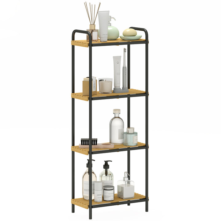 Estante de Casa de Banho de Bambu de 3 Níveis Estante de Armazenamento com 3 Prateleiras Abertas Desenho de Ripas e Estrutura de Aço para Cozinha Casa de Banho 41,5x21,5x106 cm Madeira e Preto