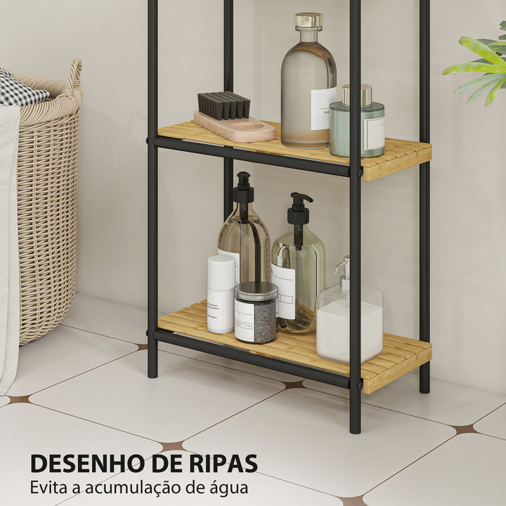 Estante de Casa de Banho de Bambu de 3 Níveis Estante de Armazenamento com 3 Prateleiras Abertas Desenho de Ripas e Estrutura de Aço para Cozinha Casa de Banho 41,5x21,5x106 cm Madeira e Preto