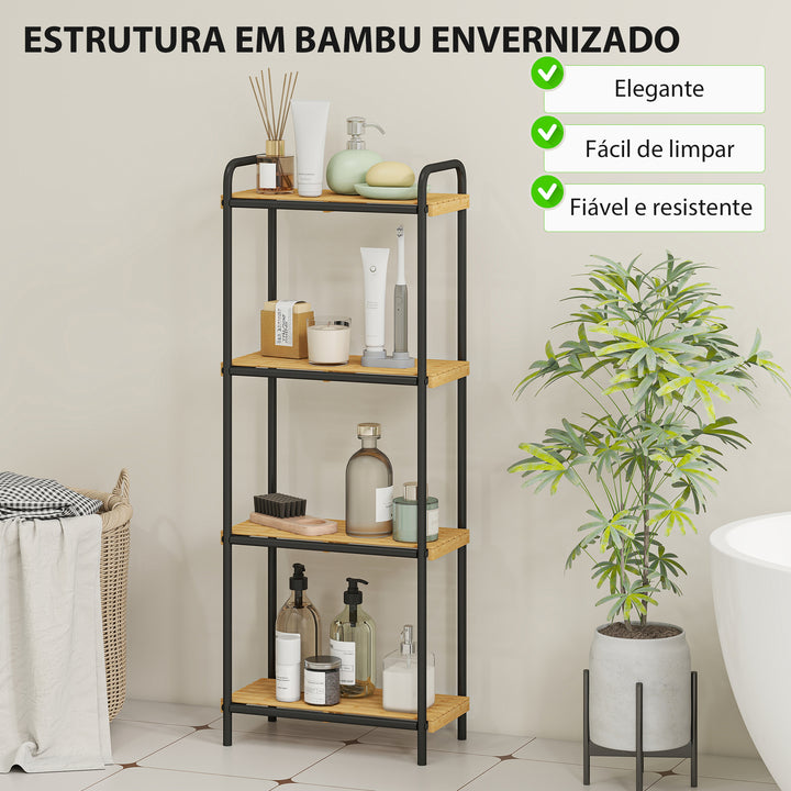 Estante de Casa de Banho de Bambu de 3 Níveis Estante de Armazenamento com 3 Prateleiras Abertas Desenho de Ripas e Estrutura de Aço para Cozinha Casa de Banho 41,5x21,5x106 cm Madeira e Preto
