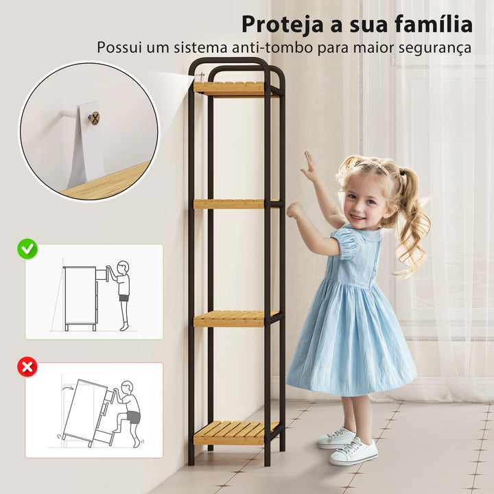 Estante de Casa de Banho de Bambu de 3 Níveis Estante de Armazenamento com 3 Prateleiras Abertas Desenho de Ripas e Estrutura de Aço para Cozinha Casa de Banho 41,5x21,5x106 cm Madeira e Preto