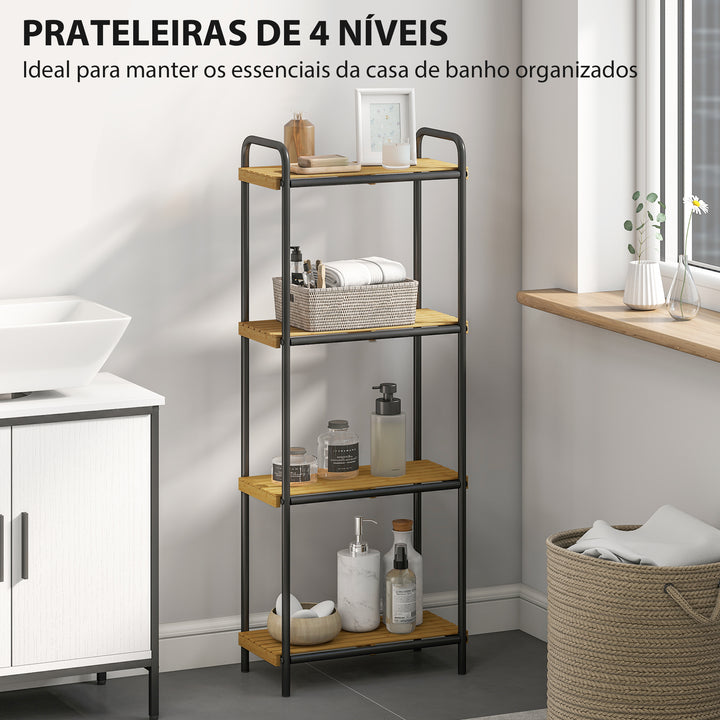 Estante de Casa de Banho de Bambu de 3 Níveis Estante de Armazenamento com 3 Prateleiras Abertas Desenho de Ripas e Estrutura de Aço para Cozinha Casa de Banho 41,5x21,5x106 cm Madeira e Preto