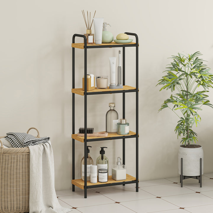 Estante de Casa de Banho de Bambu de 3 Níveis Estante de Armazenamento com 3 Prateleiras Abertas Desenho de Ripas e Estrutura de Aço para Cozinha Casa de Banho 41,5x21,5x106 cm Madeira e Preto