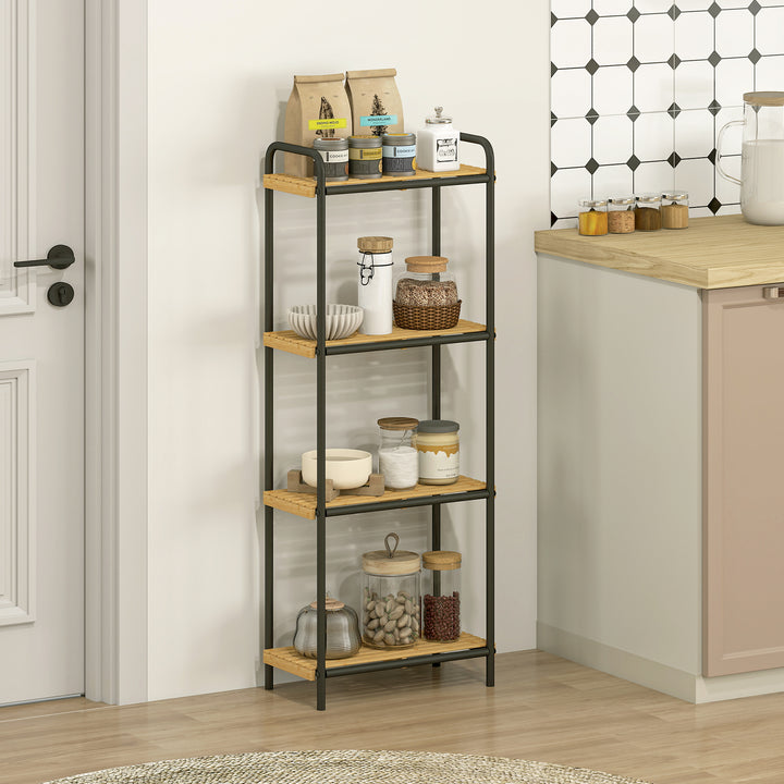 Estante de Casa de Banho de Bambu de 3 Níveis Estante de Armazenamento com 3 Prateleiras Abertas Desenho de Ripas e Estrutura de Aço para Cozinha Casa de Banho 41,5x21,5x106 cm Madeira e Preto