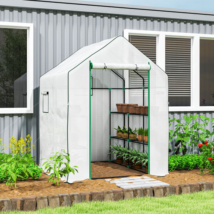 Estufa de Jardim Pequena de 3 Níveis com 6 Prateleiras Porta Enrolável Capa de PE e Estrutura de Aço para Cultivo de Plantas e Flores 140x143x190 cm Branco