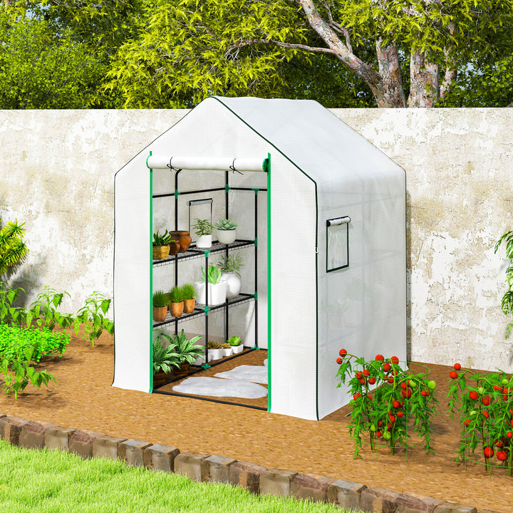 Estufa de Jardim Pequena de 3 Níveis com 6 Prateleiras Porta Enrolável Capa de PE e Estrutura de Aço para Cultivo de Plantas e Flores 140x143x190 cm Branco