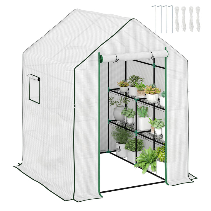Estufa de Jardim Pequena de 3 Níveis com 6 Prateleiras Porta Enrolável Capa de PE e Estrutura de Aço para Cultivo de Plantas e Flores 140x143x190 cm Branco
