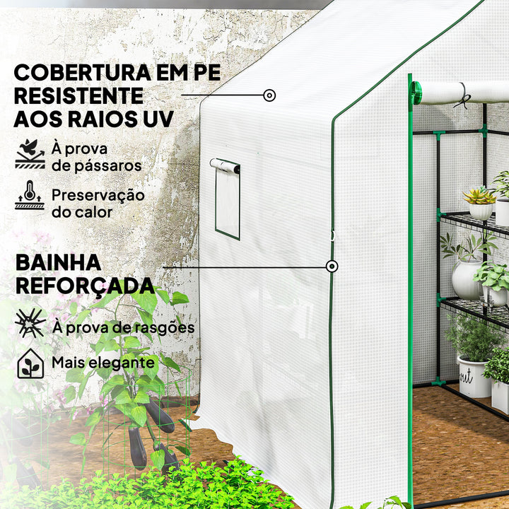 Estufa de Jardim Pequena de 3 Níveis com 6 Prateleiras Porta Enrolável Capa de PE e Estrutura de Aço para Cultivo de Plantas e Flores 140x143x190 cm Branco