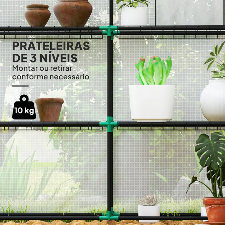 Estufa de Jardim Pequena de 3 Níveis com 6 Prateleiras Porta Enrolável Capa de PE e Estrutura de Aço para Cultivo de Plantas e Flores 140x143x190 cm Branco