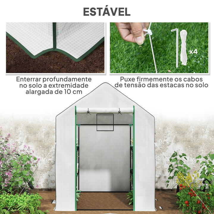 Estufa de Jardim Pequena de 3 Níveis com 6 Prateleiras Porta Enrolável Capa de PE e Estrutura de Aço para Cultivo de Plantas e Flores 140x143x190 cm Branco