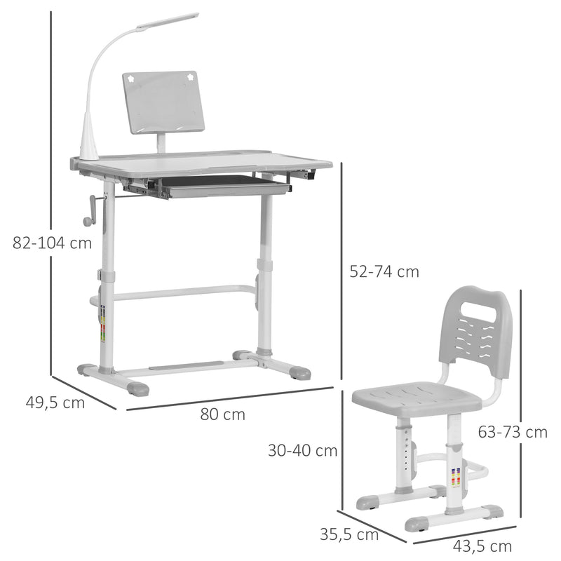 Conjunto de Secretária e Cadeira para Crianças acima de 3 Anos Secretária Infantil com Altura Ajustável Mesa Inclinável Gaveta Lâmpada LED e Suporte para Lápis 80x49,5x80-105cm e 36x34x60-73 cm Cinza