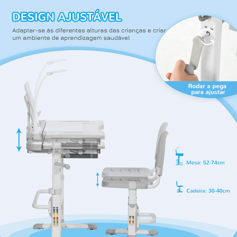 Conjunto de Secretária e Cadeira para Crianças acima de 3 Anos Secretária Infantil com Altura Ajustável Mesa Inclinável Gaveta Lâmpada LED e Suporte para Lápis 80x49,5x80-105cm e 36x34x60-73 cm Cinza