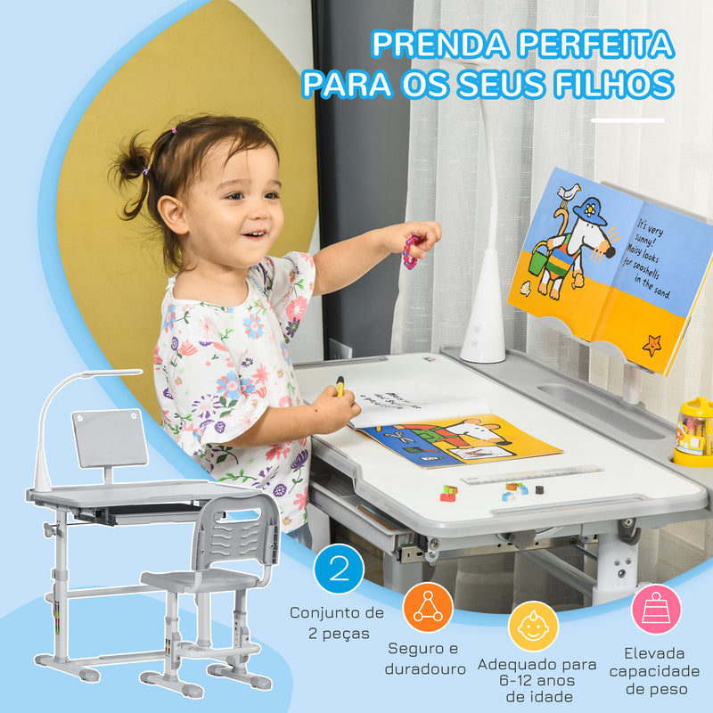 Conjunto de Secretária e Cadeira para Crianças acima de 3 Anos Secretária Infantil com Altura Ajustável Mesa Inclinável Gaveta Lâmpada LED e Suporte para Lápis 80x49,5x80-105cm e 36x34x60-73 cm Cinza