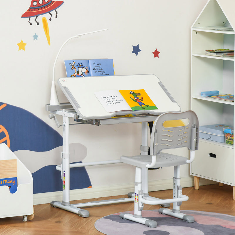 Conjunto de Secretária e Cadeira para Crianças acima de 3 Anos Secretária Infantil com Altura Ajustável Mesa Inclinável Gaveta Lâmpada LED e Suporte para Lápis 80x49,5x80-105cm e 36x34x60-73 cm Cinza