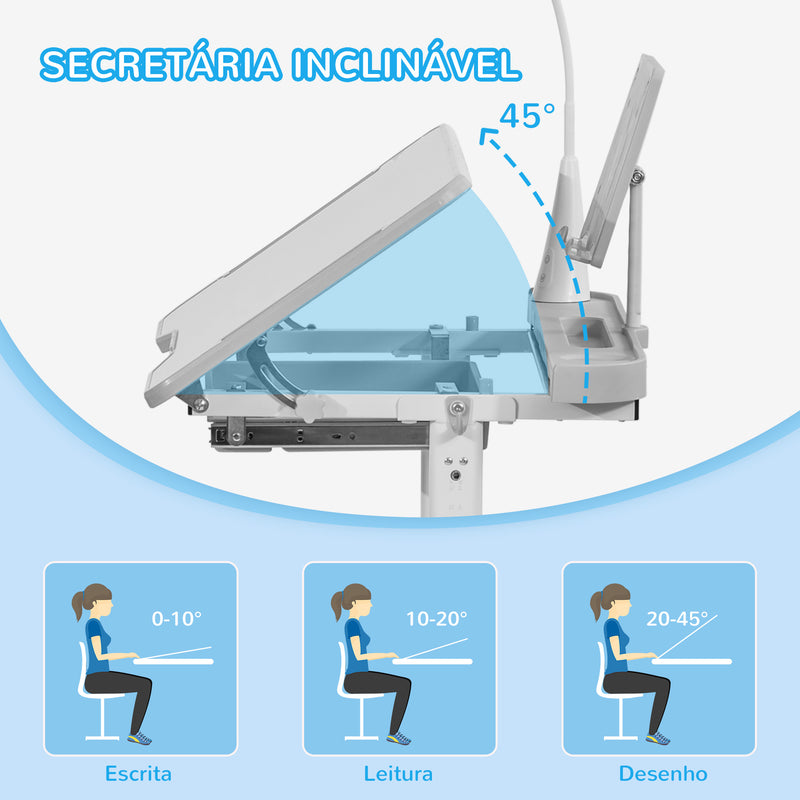 Conjunto de Secretária e Cadeira para Crianças acima de 3 Anos Secretária Infantil com Altura Ajustável Mesa Inclinável Gaveta Lâmpada LED e Suporte para Lápis 80x49,5x80-105cm e 36x34x60-73 cm Cinza