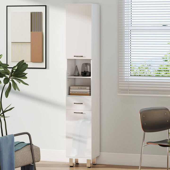 Coluna Casa de Banho Moderna Coluna Casa de banho com 1 Gaveta 3 Prateleiras Ajustáveis e 2 Armários Móvel Auxiliar de Armazenamento para Casa de Banho 30x30x180 cm Branco