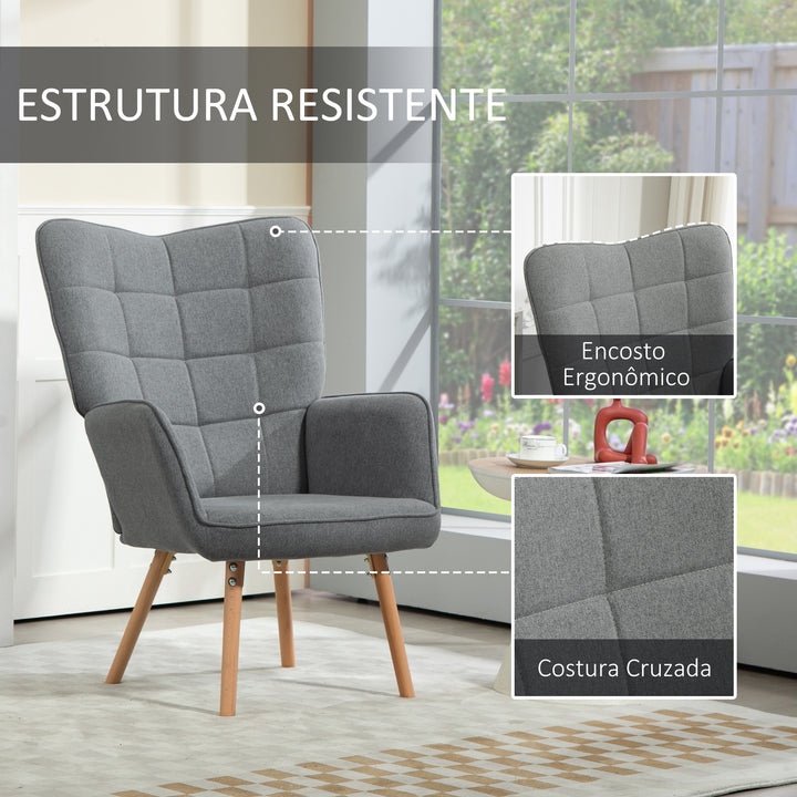 Poltrona de Sala de Estar Moderna Poltrona com Encosto Alto Apoio para os Braços Tecido de Linho e Pés de Madeira de Haya para Sala de Jantar Cozinha 71x76x101 cm Cinza