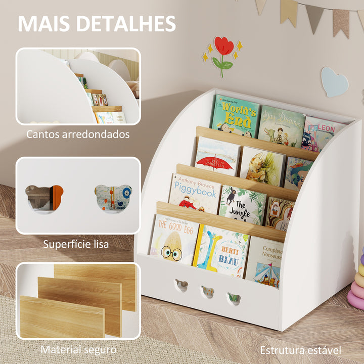 Estante Infantil para Brinquedos Organizador de Brinquedos de 4 Níveis com Compartimento Oculto para Quarto Infantil Sala de Jogos Creche 60x53x60 cm Branco e Madeira