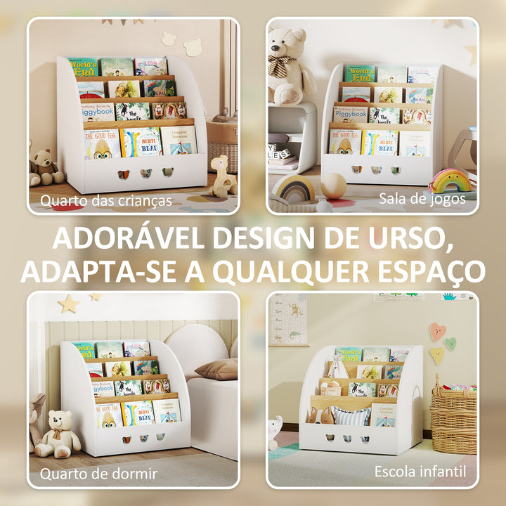 Estante Infantil para Brinquedos Organizador de Brinquedos de 4 Níveis com Compartimento Oculto para Quarto Infantil Sala de Jogos Creche 60x53x60 cm Branco e Madeira