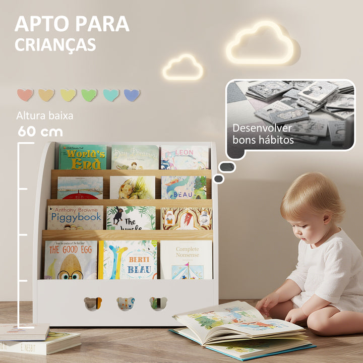Estante Infantil para Brinquedos Organizador de Brinquedos de 4 Níveis com Compartimento Oculto para Quarto Infantil Sala de Jogos Creche 60x53x60 cm Branco e Madeira