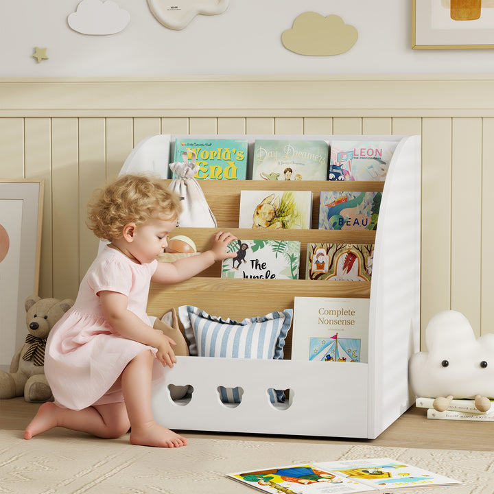 Estante Infantil para Brinquedos Organizador de Brinquedos de 4 Níveis com Compartimento Oculto para Quarto Infantil Sala de Jogos Creche 60x53x60 cm Branco e Madeira