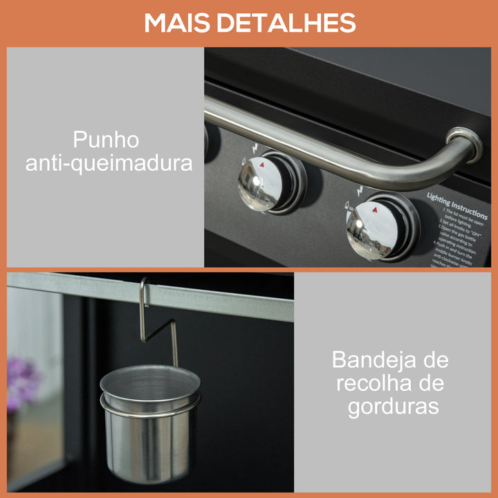 Churrasqueira a Gás com 3 Queimadores Termômetro Churrasqueira a Gás com 2 Prateleiras Laterais Armário de 2 Portas 4 Rodas e Freios Aço de Carbono 121x55x109cm Preto