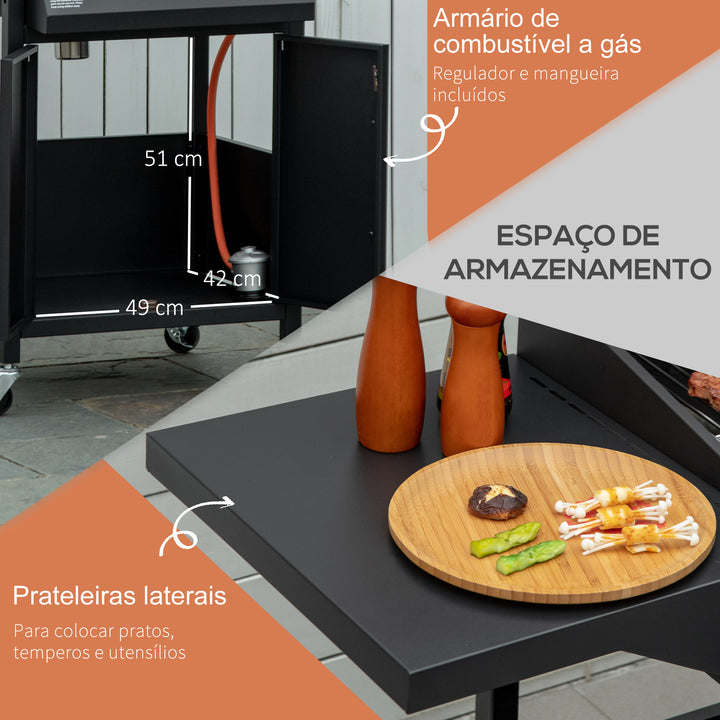 Churrasqueira a Gás com 3 Queimadores Termômetro Churrasqueira a Gás com 2 Prateleiras Laterais Armário de 2 Portas 4 Rodas e Freios Aço de Carbono 121x55x109cm Preto