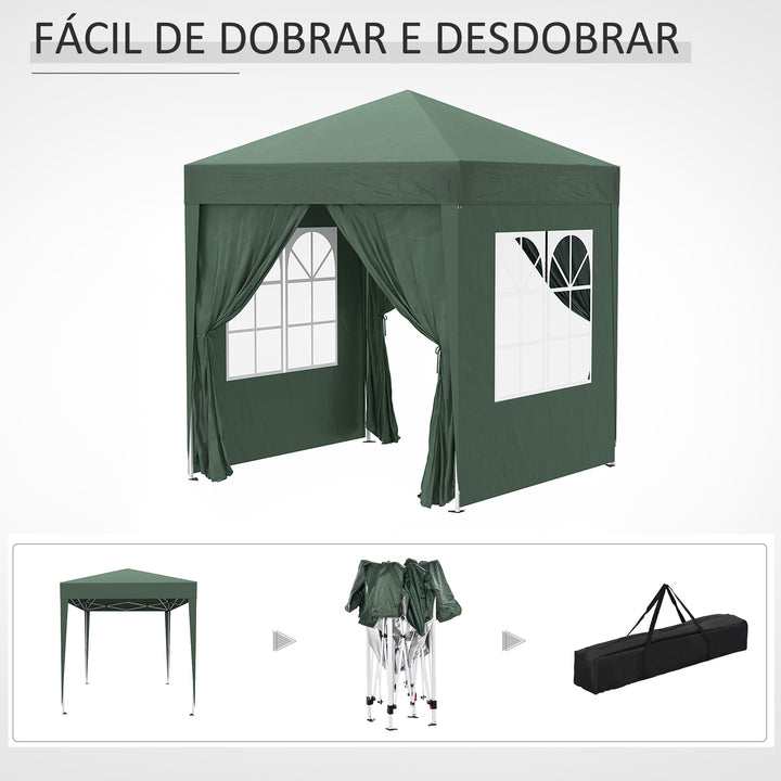 Tenda Dobrável 2x2 Tenda de Jardim com 4 Paredes Laterais Tecido Oxford 2 Portas 2 Janelas e Bolsa de Transporte para Exterior Terraço Campismo Festas Verde