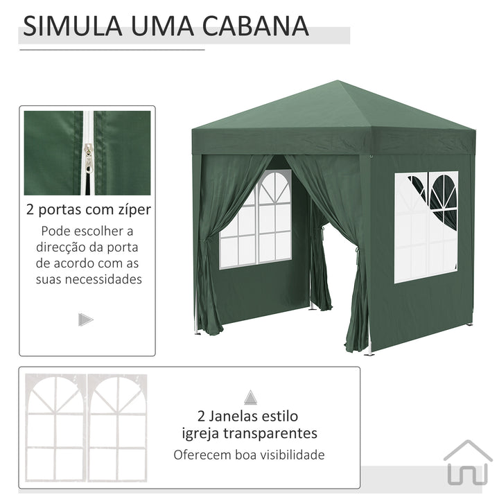 Tenda Dobrável 2x2 Tenda de Jardim com 4 Paredes Laterais Tecido Oxford 2 Portas 2 Janelas e Bolsa de Transporte para Exterior Terraço Campismo Festas Verde