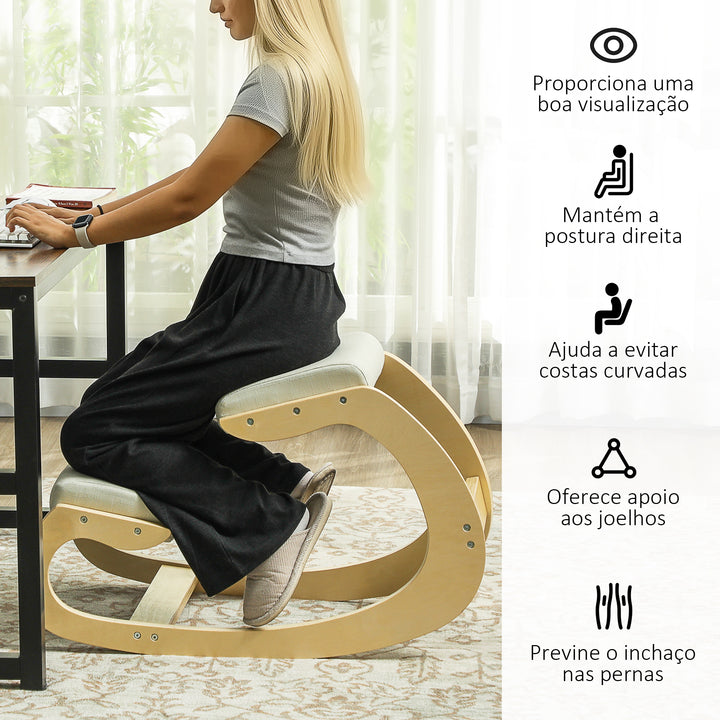 Cadeira Ergonómica de Joelhos com Almofadas Acolchoadas Estrutura de Madeira para Melhor Postura Escritório 55x85x55 cm Creme