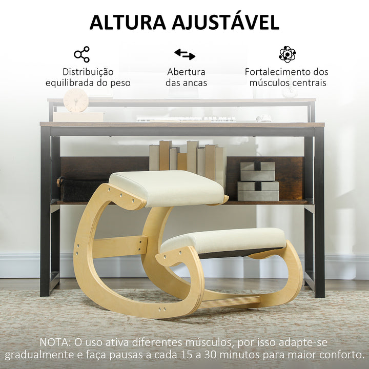 Cadeira Ergonómica de Joelhos com Almofadas Acolchoadas Estrutura de Madeira para Melhor Postura Escritório 55x85x55 cm Creme