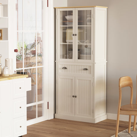 Armário de Cozinha com 2 Portas de Vidro 1 Gaveta e Prateleira Ajustável Móvel Auxiliar de Cozinha Anti-Tombo 76x40x182,5cm Creme